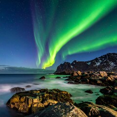 Naklejka premium Northern Lights Over Rocky Coastline.