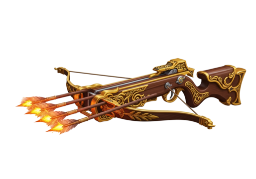 Ornate crossbow with fiery arrows, angled against a dark backdrop, showcasing intricate golden embellishments and the readiness for a powerful shot.