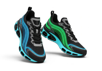 Black athletic sneaker with neon blue and green light lines