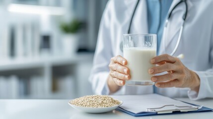 Doctor recommending sesame milk as natural calcium rich vegan option for lactose intolerant patients supporting bone health and wellness