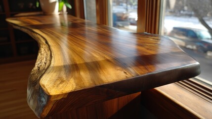 Fototapeta premium Oblique Close Up of a Live Edge Acacia Plank on a Polished Interior Counter with Rich Wood Grain