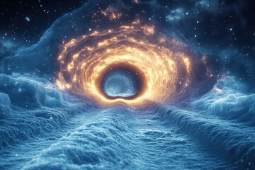 Black hole in the sky emitting bright orange light.