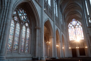 Fototapeta premium Interior Cathedral Sunlight Shining Through Stained Glass Window Architectural Details