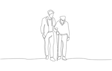 Continuous one line drawing of young man helping elderly man with cane crossing road, symbolizing care, compassion, and intergenerational support, single line art.