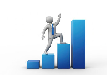 Businessman figurine climbing blue bar chart, optimistic pose