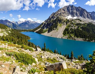 Panoramic view of a pristine alpine lake nestled amidst rugged mountains, showcasing vibrant turquoise water and lush green vegetation along the rocky shoreline