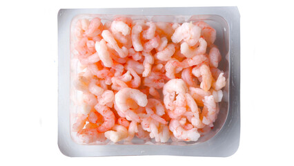 Plastic container with peeled shrimp seafood isolated on transparent background