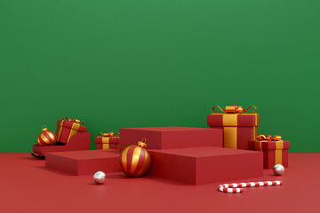 Christmas Gifts and Decorations on Red Stage with Green Background