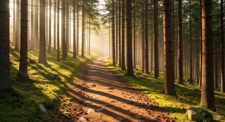 Obraz premium Sunlit Trail Through Majestic Evergreen Forest Landscape In Morning
