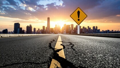 On cracked asphalt road yellow warning sign city skyline at sunrise risk concept for urban safety and travel dramatic dangerous atmosphere