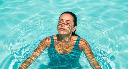 A woman with eyes closed enjoys the sunlight filtering through water in a swimming pool