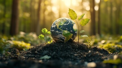 Globe rests on fertile soil in a sunlit forest, surrounded by young plants, promoting Earth Day.