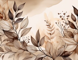 watercolor painting of sepia toned leaves and branches on a beige background