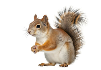 Obraz premium A detailed close-up image of a red squirrel, showcasing its rich fur and bushy tail against a stark black background.