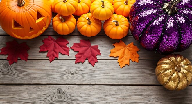 Halloween pumpkins and autumn leaves arranged on a rustic wooden surface