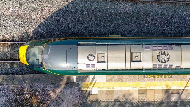 Paignton, Devon, England, UK - 24 April 2025: Overhead view of a Class 800 high speed train operated by Great Western railway GWR at Paignton railway station