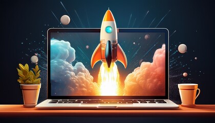 a rocket launching from a laptop computer with the words ai agents symbolizing agentic autonomy and the future growth of automation through copilot chatbots and autonomous bot technology