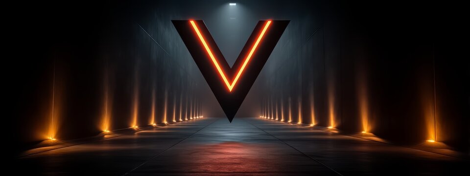 Dark room with a large V in the center. The V is lit up with neon lights
