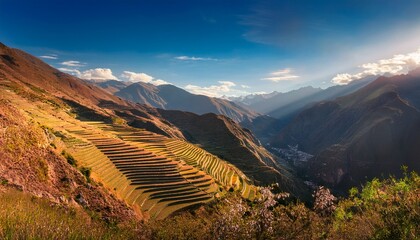 breathtaking andes mountains with terraced fields at sunrise in sacred valley peru