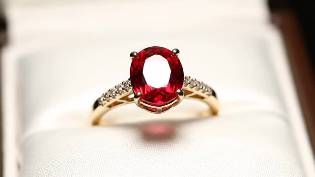 Beautiful gold ring with an oval red ruby and diamond accents displayed in a white gift box, a luxurious engagement or anniversary jewelry gift symbolizing love and romance
