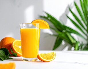 Glass of Orange Juice with Oranges and Tropical Leaves