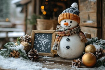 A snowman holding a chalkboard and chalk.