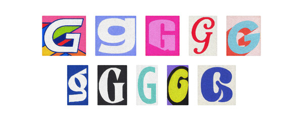 Magazine letter G cutout tiles, colorful collage on transparent PNG
