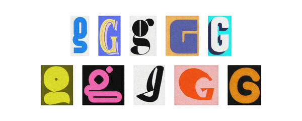 Typography letter G set in diverse styles, cutouts on transparent PNG
