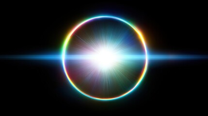 Abstract circular lens flare with colorful light halo and bright sun rays on black background, high resolution glowing oval ring effect with radiant beams and detailed luminous design