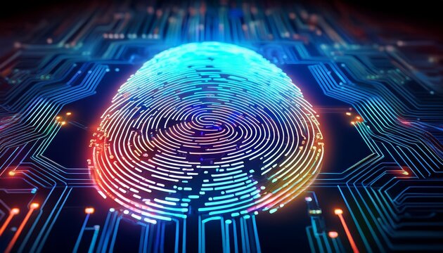 abstract fingerprint on circuit board digital security and biometric authentication in neon lights