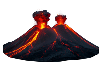 Two active volcanoes erupt with fiery lava flows against a stark black backdrop, showcasing intense heat and powerful natural forces.