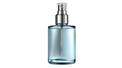 Elegant Blue Perfume Bottle: The fragrance bottle features a sleek, clear design with a soft blue hue, epitomizing modern elegance. Evoking a sense of purity and sophistication.