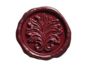 Deep red wax seal with ornate floral imprint isolated on a transparent background burgundy