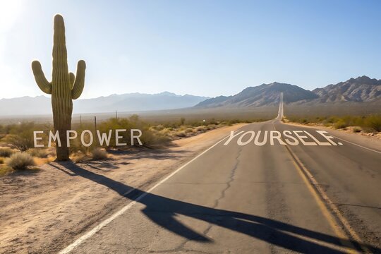 Empowering desert road trip adventure under a vast sun-drenched clear sky - Powered by Adobe