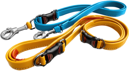 Color-Coordinated Dog Leashes: Two brightly colored dog leashes rest against a simple backdrop, their design and vibrant hues speak of utility and style