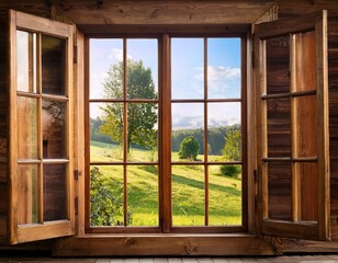 large open wooden window in a rustic style