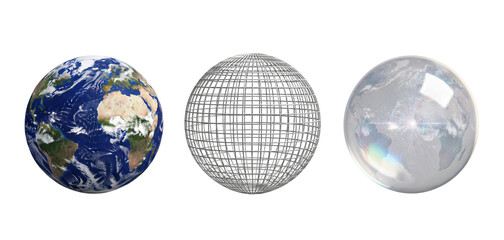 Trio of Earth Globe Variations Realistic Grid and Hologram PNG.
