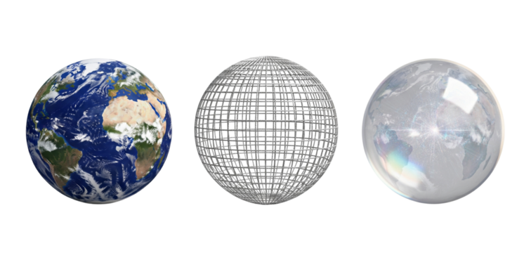 Trio of Earth Globe Variations Realistic Grid and Hologram PNG.