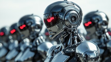 Fototapeta premium Robots are standing in formation displaying reflective metallic surfaces and glowing red eye visors against a neutral background.