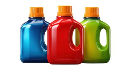 Colorful Bottles of Cleaning Agents: A set of three vibrantly colored bottles of cleaning agents arranged in a studio setting.