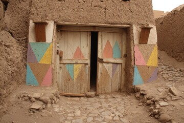 A weathered wooden door, adorned with vibrant triangular patterns, leads into a rustic  structure.