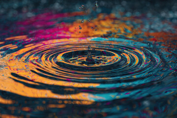 Water droplet causes ripples in colorful liquid