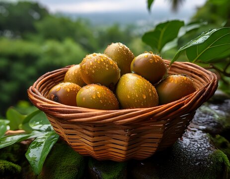 glistening with water droplets a batch of freshly picked monk fruits lies in a woven basket amidst the vibrant greenery of a lush garden - Powered by Adobe