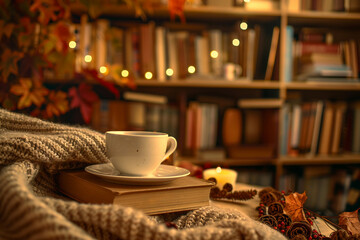 Hot autumn drink with whipped cream, cinnamon, and cozy fall decoration on rustic wood background, generative ai