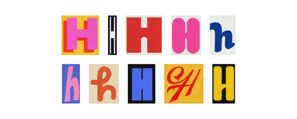 Colorful letter H collage from magazine clippings, isolated PNG
