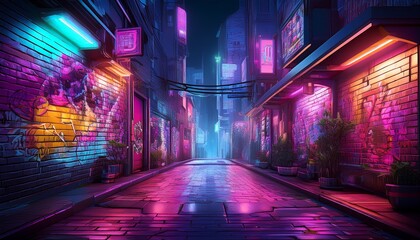 neon lit alleyway graffiti wall night city urban backdrop game background