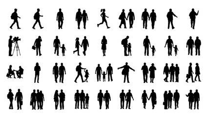 Black Silhouette People Icon Set – 36 Diverse Human Figures Walking, Standing, Couples, Families, Daily Activities