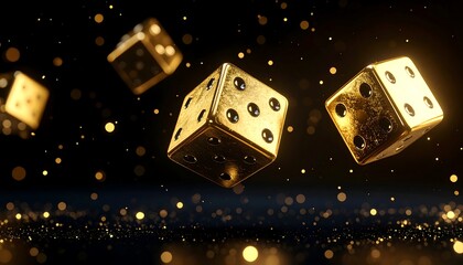 Golden dice in mid-air, glittering background