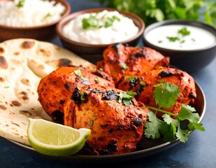 Indian tandoori chicken with naan and yogurt