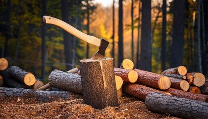axe cutting logs in the woods during fall season